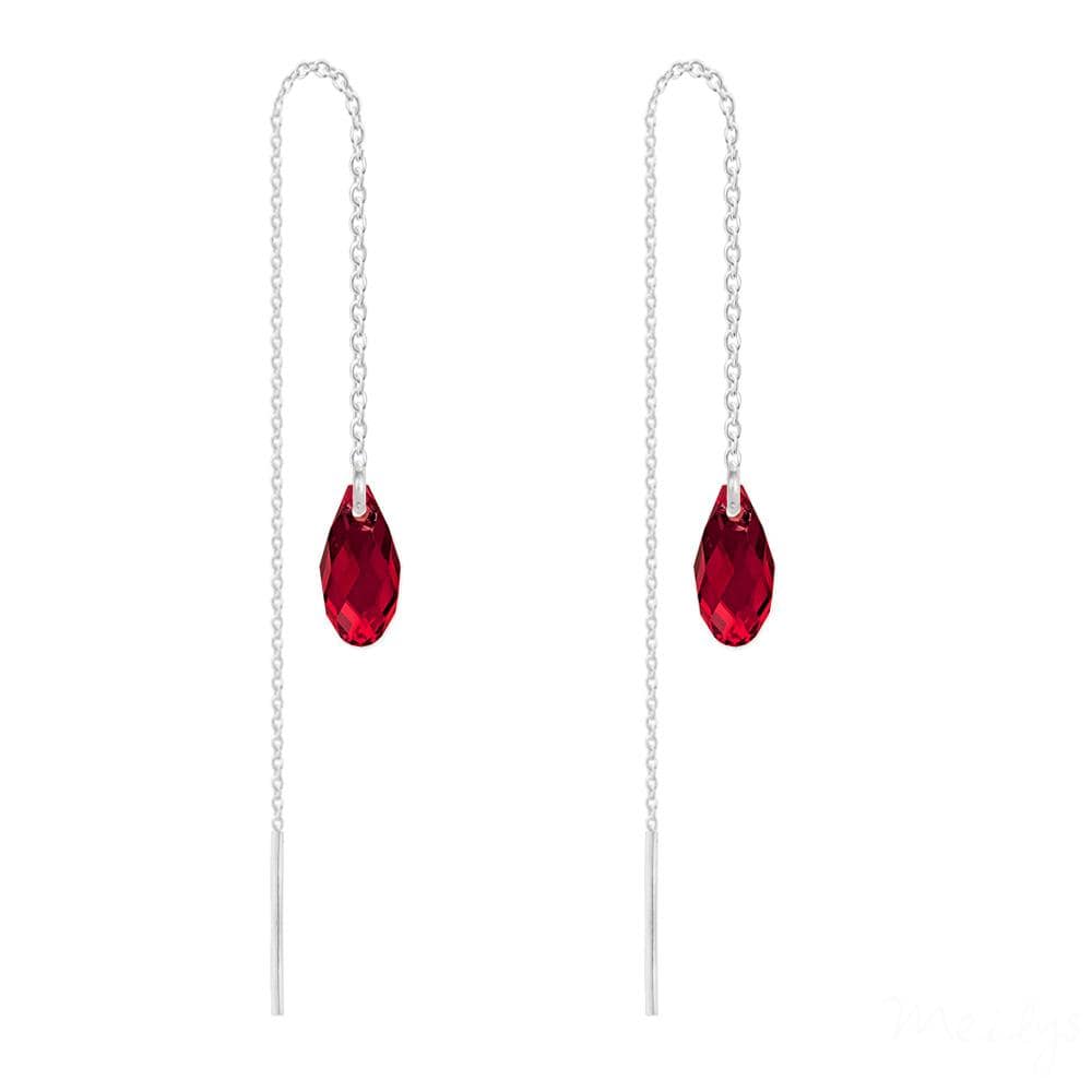 Sterling Silver Siam crystal threader chain earrings with rhodium plated finish and faceted red crystal drops
