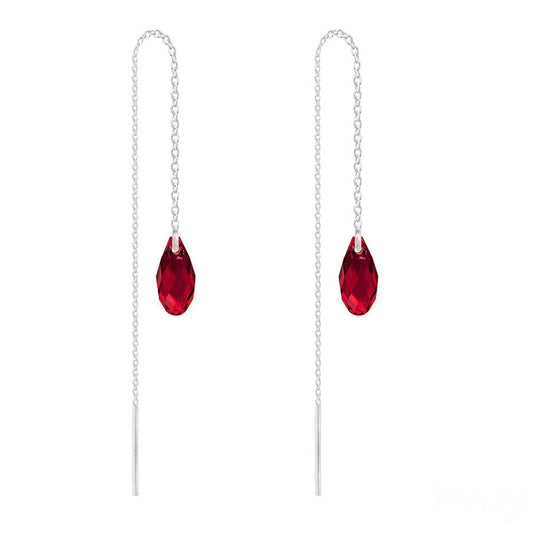 Sterling Silver Siam crystal threader chain earrings with rhodium plated finish and faceted red crystal drops