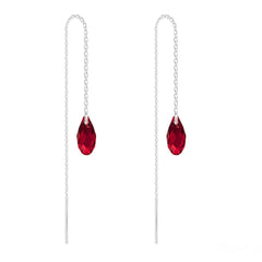Sterling Silver Siam crystal threader chain earrings with rhodium plated finish and faceted red crystal drops