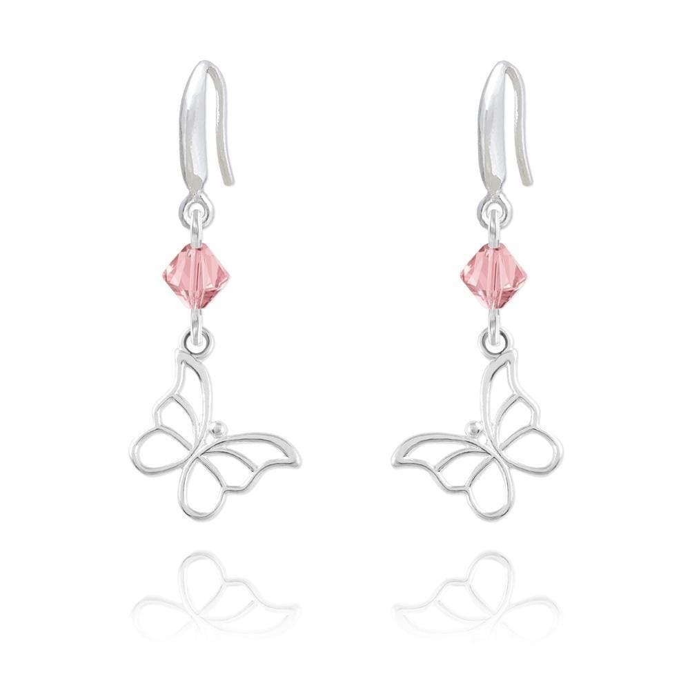 Sterling Silver butterfly earrings with genuine Rose Swarovski crystals and rhodium plated finish