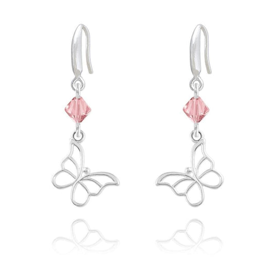 Sterling Silver butterfly earrings with genuine Rose Swarovski crystals and rhodium plated finish