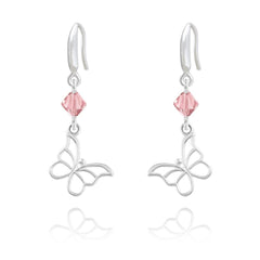 Sterling Silver butterfly earrings with genuine Rose Swarovski crystals and rhodium plated finish