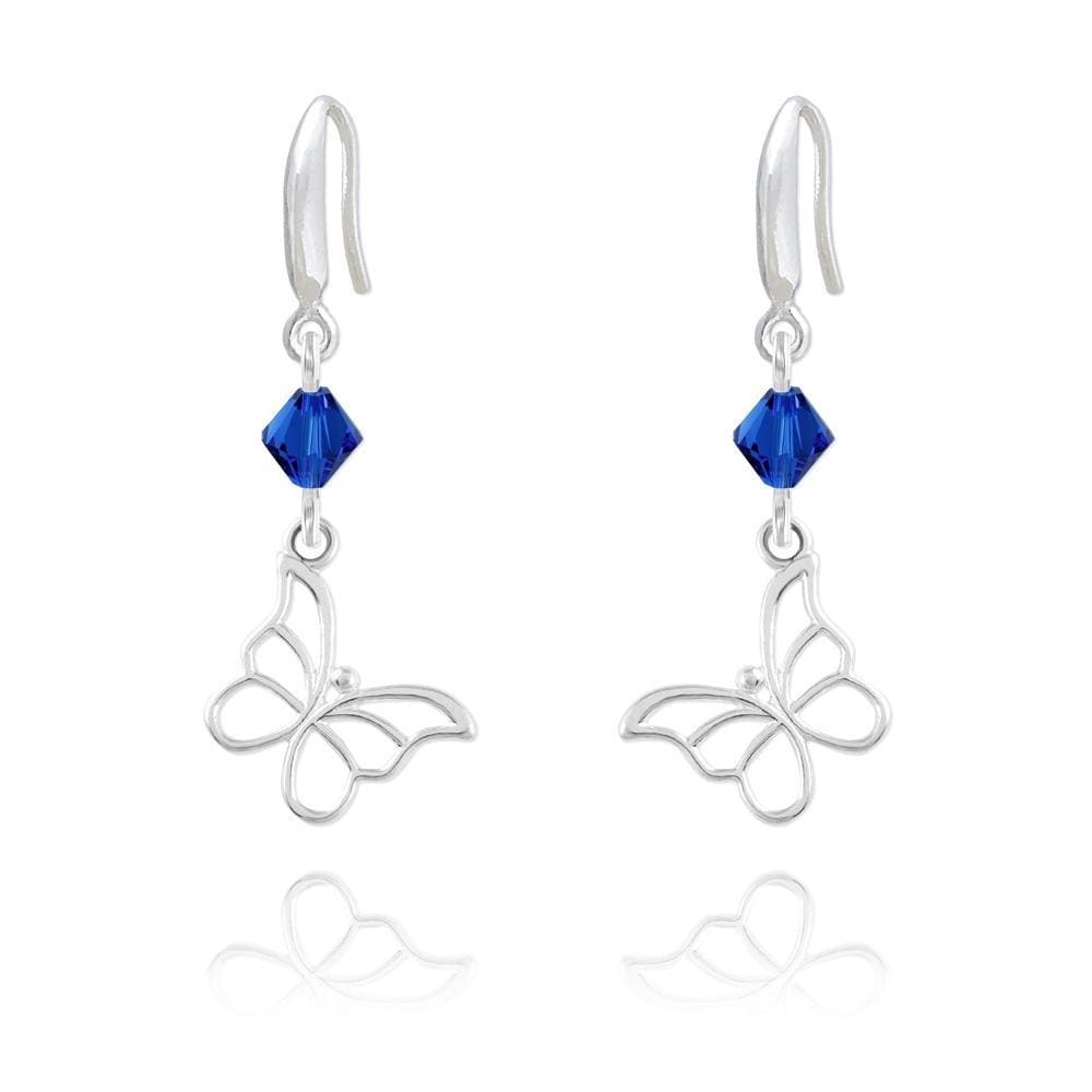 Sterling Silver butterfly drop earrings with genuine Capri Blue Swarovski crystals and rhodium plated finish