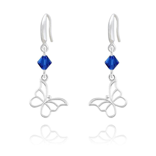 Sterling Silver butterfly drop earrings with genuine Capri Blue Swarovski crystals and rhodium plated finish
