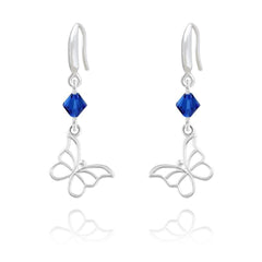 Sterling Silver butterfly drop earrings with genuine Capri Blue Swarovski crystals and rhodium plated finish