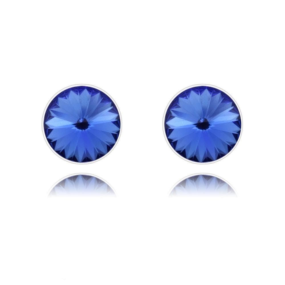 Sterling Silver sapphire crystal stud earrings with rhodium plated finish and brilliant round blue crystal