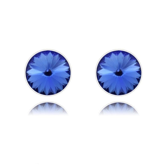 Sterling Silver sapphire crystal stud earrings with rhodium plated finish and brilliant round blue crystal