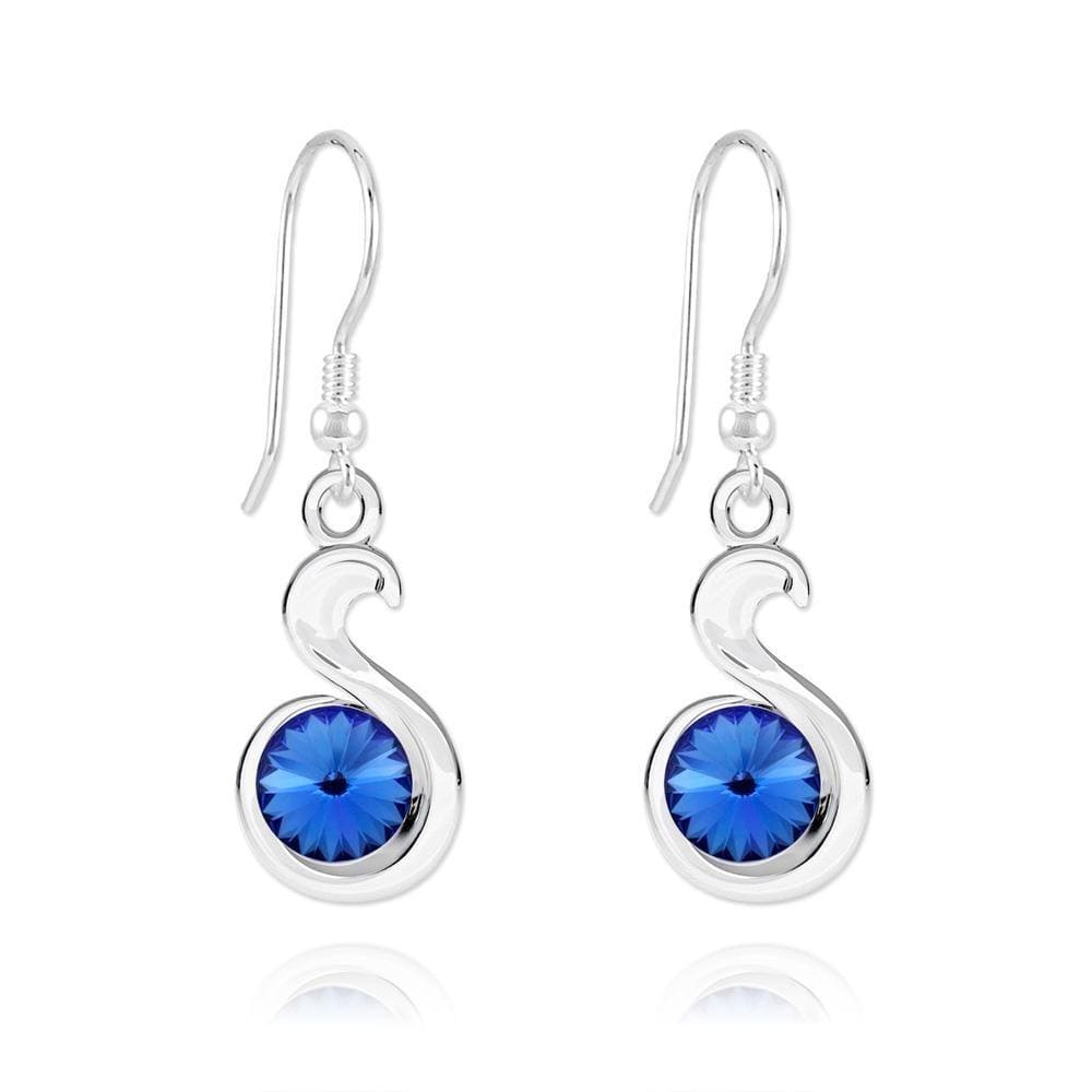 Sterling Silver snake drop earrings with genuine sapphire blue crystal and rhodium plated finish