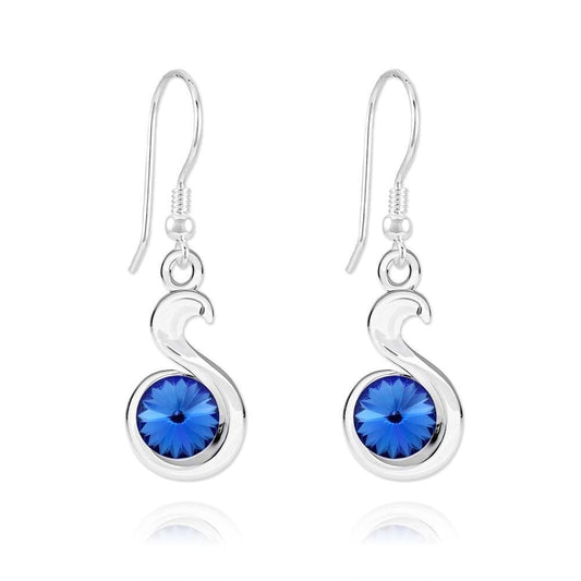 Sterling Silver snake drop earrings with genuine sapphire blue crystal and rhodium plated finish