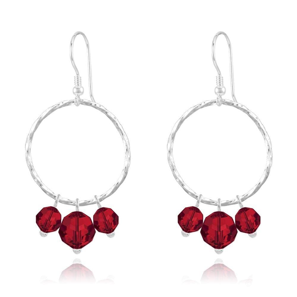 Sterling Silver hoop drop earrings with genuine Light Siam Swarovski crystals and rhodium plated finish