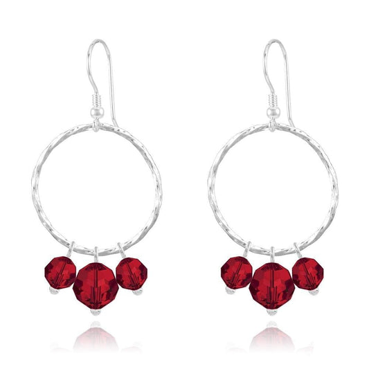 Sterling Silver hoop drop earrings with genuine Light Siam Swarovski crystals and rhodium plated finish