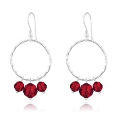 Sterling Silver hoop drop earrings with genuine Light Siam Swarovski crystals and rhodium plated finish