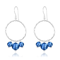 Sterling Silver hoop drop earrings with Capri Blue crystal beads and rhodium plated finish