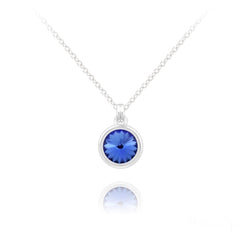 Sterling Silver sapphire blue crystal pendant necklace with round faceted blue crystal and rhodium plated finish
