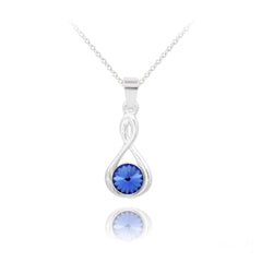 Sterling Silver sapphire blue Swarovski crystal pendant necklace with infinity twist design and rhodium plated finish