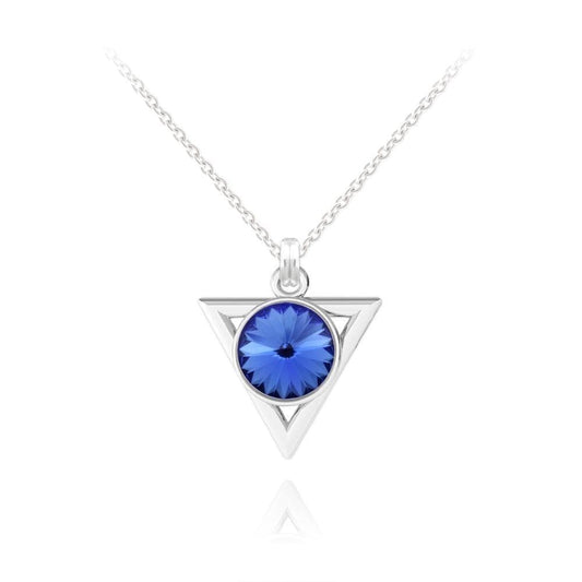 Sterling Silver triangle pendant necklace with genuine sapphire Swarovski crystal and rhodium plated finish