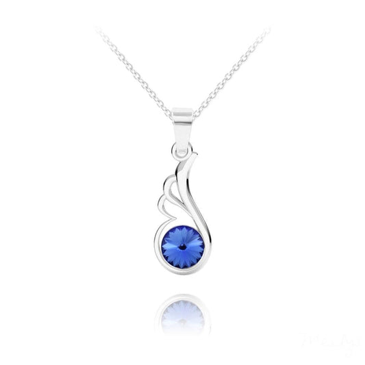 Sterling Silver angel wing pendant necklace with sapphire blue crystal and rhodium plated finish