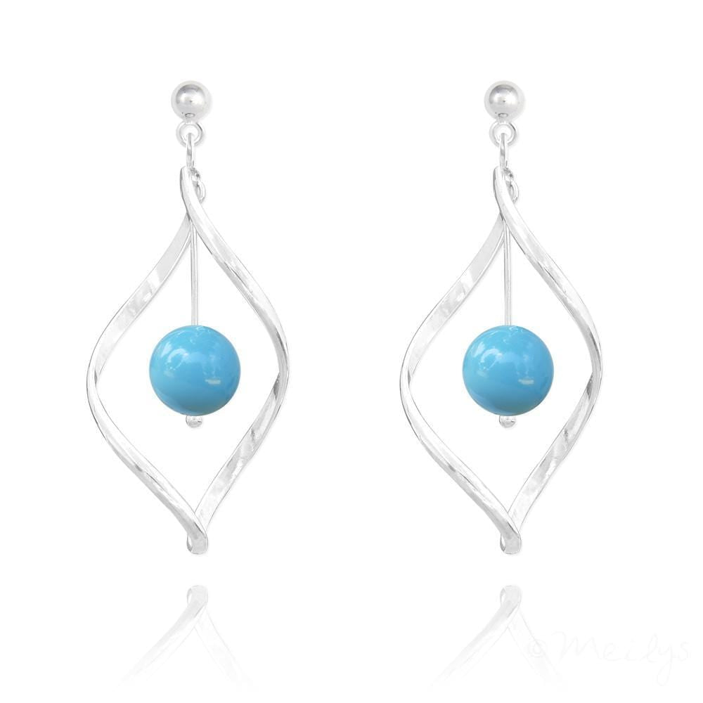 Sterling silver twist drop earrings with genuine turquoise Swarovski crystal pearls and polished post fittings