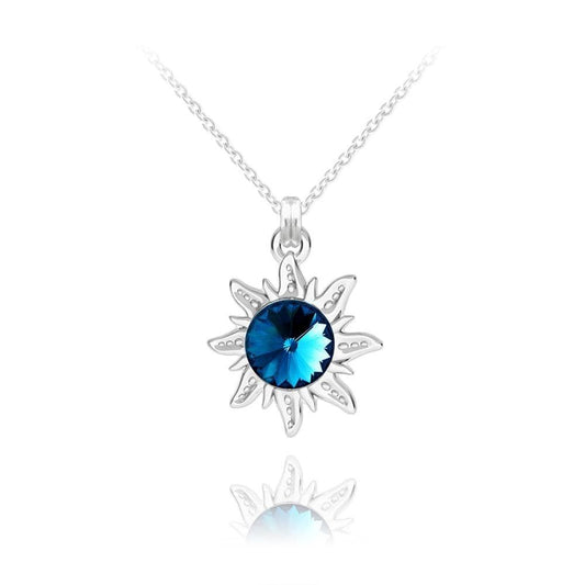 Sterling Silver sun pendant necklace with Bermuda Blue Swarovski crystal and rhodium plated finish