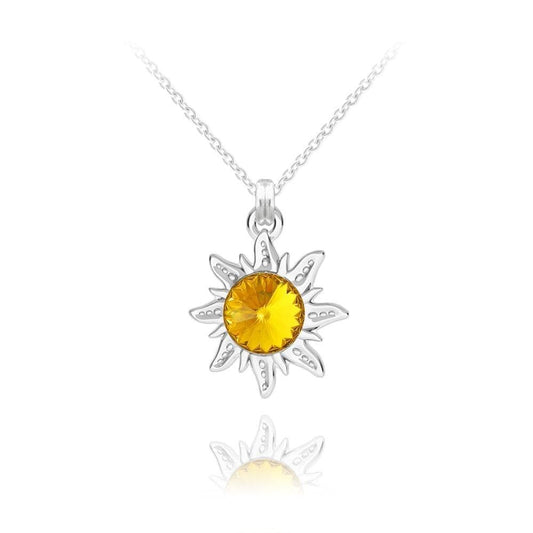 Sterling Silver sunflower pendant necklace with orange Swarovski crystal and rhodium plated finish