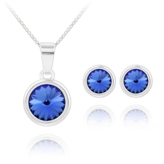 Sterling Silver jewellery set with blue Swarovski crystal pendant necklace and matching stud earrings