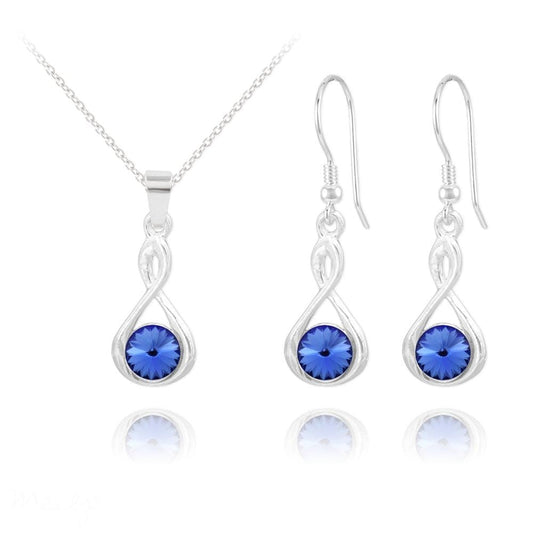 Sterling Silver infinity jewellery set with blue Swarovski crystal pendant necklace and matching drop earrings