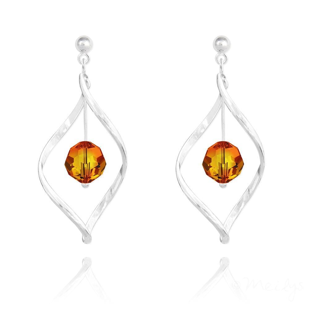 Sterling silver twist drop earrings with faceted orange Fire Opal crystals and polished ball-shaped post fittings
