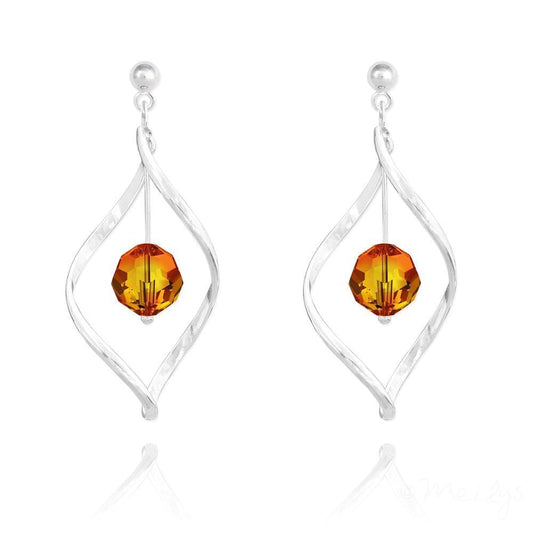 Sterling silver twist drop earrings with faceted orange Fire Opal crystals and polished ball-shaped post fittings