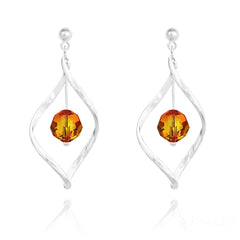 Sterling silver twist drop earrings with faceted orange Fire Opal crystals and polished ball-shaped post fittings
