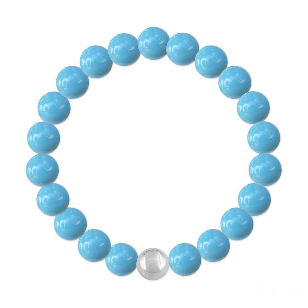 Sterling silver stretch bracelet with smooth 8 mm turquoise pearl beads and a polished silver accent bead