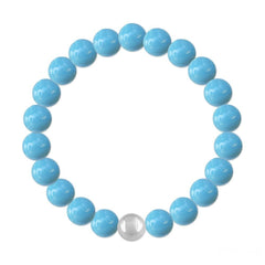 Sterling silver stretch bracelet with smooth 8 mm turquoise pearl beads and a polished silver accent bead