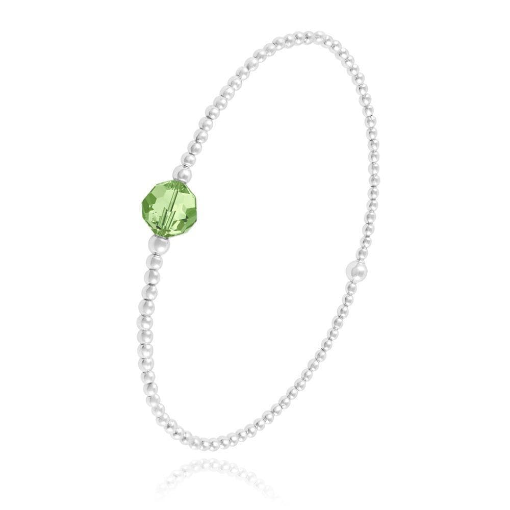 Sterling Silver stretch bracelet with green Peridot Swarovski crystal and rhodium plated finish