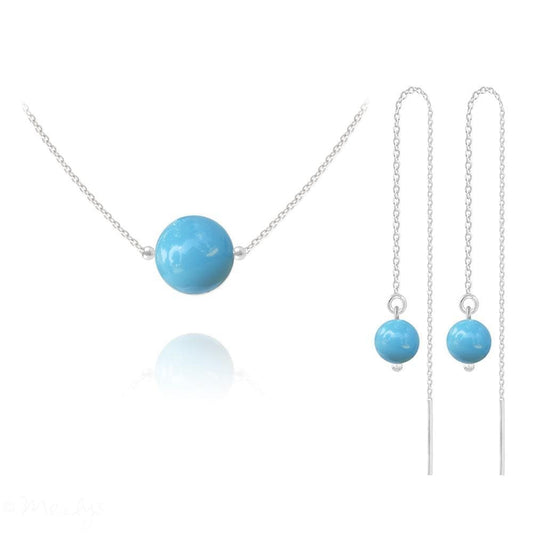 Sterling silver jewellery set with a turquoise pearl necklace and matching turquoise pearl chain threader earrings