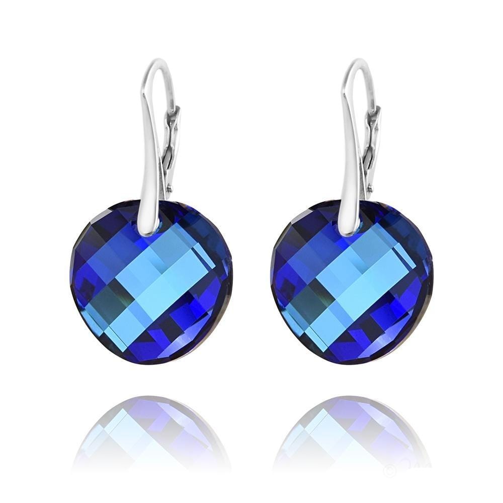 Sterling Silver round drop earrings with Bermuda Blue Swarovski crystals and rhodium plated finish