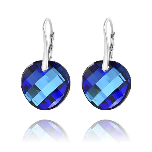 Sterling Silver round drop earrings with Bermuda Blue Swarovski crystals and rhodium plated finish