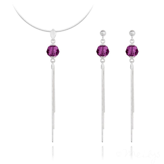 Sterling Silver jewellery set with genuine Swarovski amethyst crystal pendant and tassel drop earrings