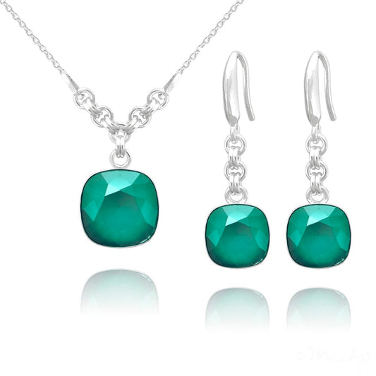 Sterling Silver jewellery set with royal green cushion crystal pendant and matching drop earrings