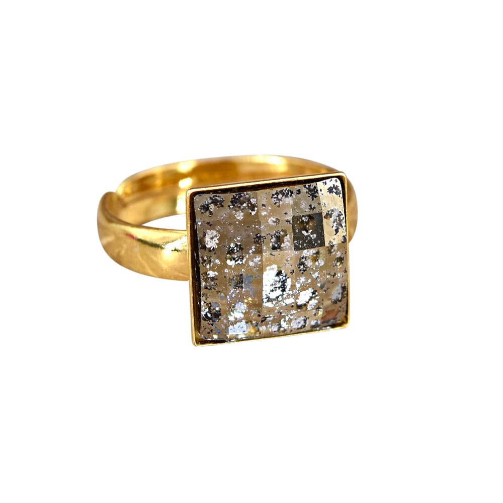 24K gold plated sterling silver adjustable ring with square chessboard gold patina stone