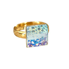 24K gold plated sterling silver adjustable ring with square white patina crystal