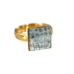 24K gold plated sterling silver adjustable ring with square silver patina crystal