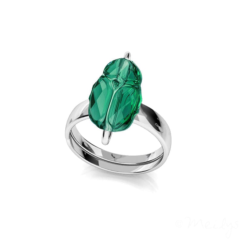 Sterling Silver adjustable ring with green crystal scarab design and polished silver finish