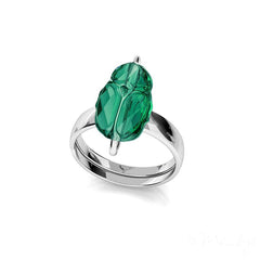 Sterling Silver adjustable ring with green crystal scarab design and polished silver finish