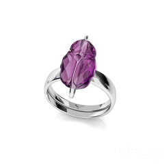Sterling Silver adjustable ring with faceted crystal scarab design and polished silver finish