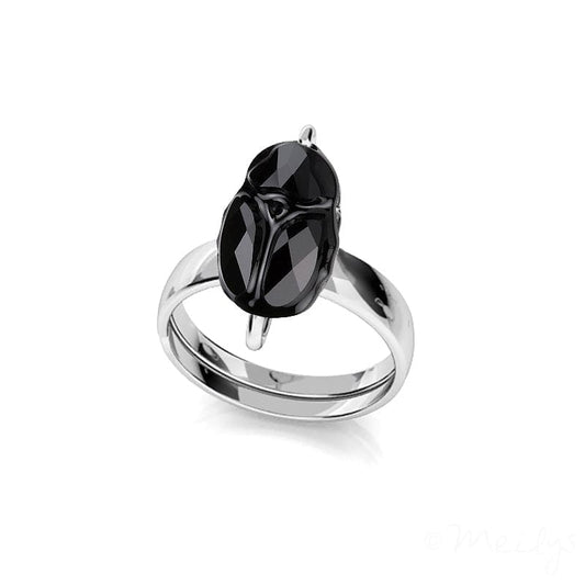 Sterling Silver adjustable ring featuring a jet black crystal in a scarab-inspired design with a polished finish