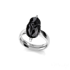 Sterling Silver adjustable ring featuring a jet black crystal in a scarab-inspired design with a polished finish