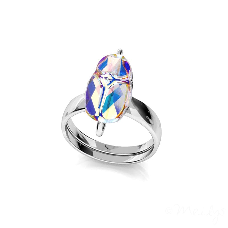 Sterling Silver adjustable ring featuring an iridescent Crystal AB crystal in a scarab-inspired design with a polished finish
