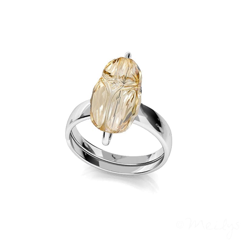 Sterling Silver adjustable ring featuring a golden shadow crystal in a scarab-inspired design with a polished finish