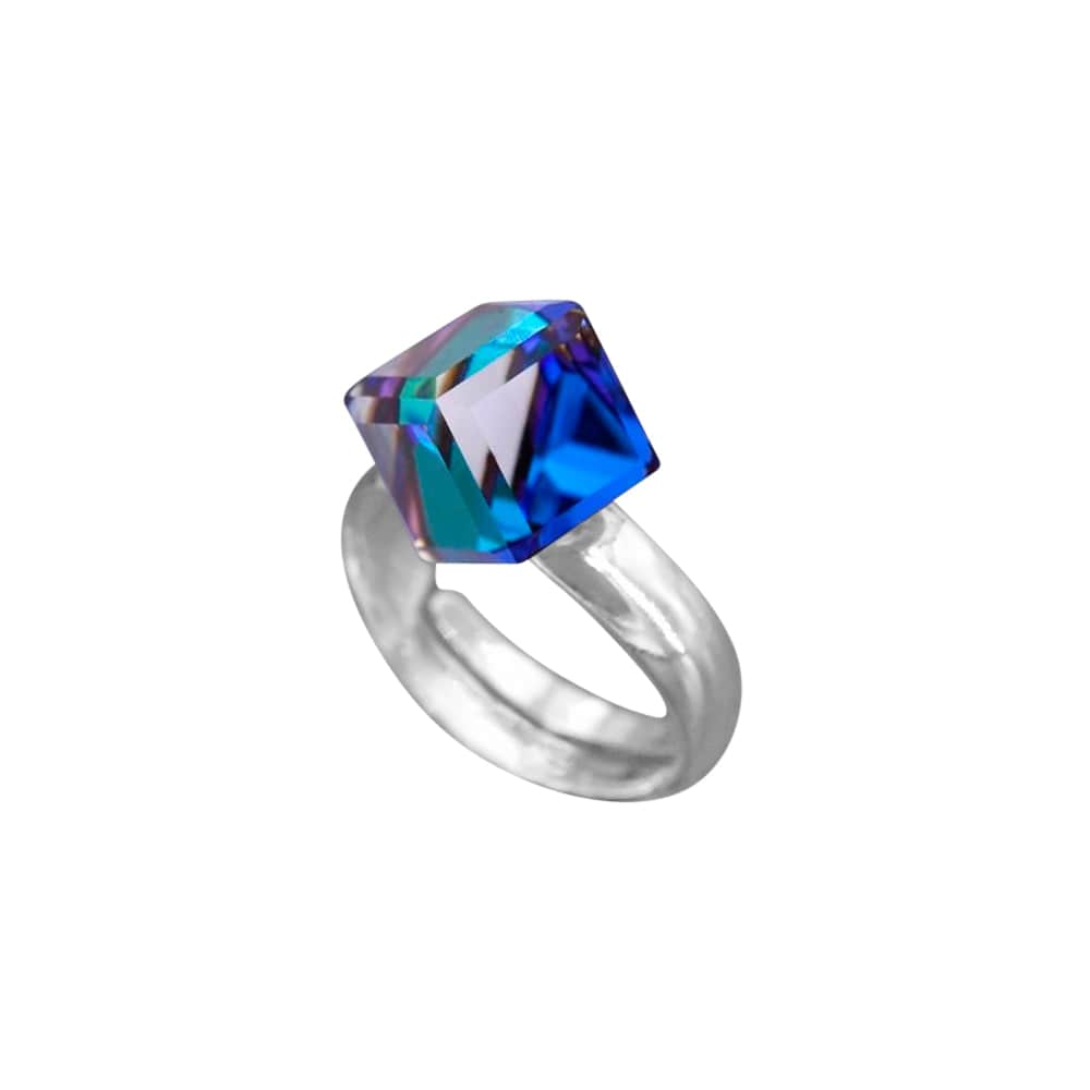 Sterling Silver adjustable ring featuring a Bermuda Blue cube crystal with a polished silver band