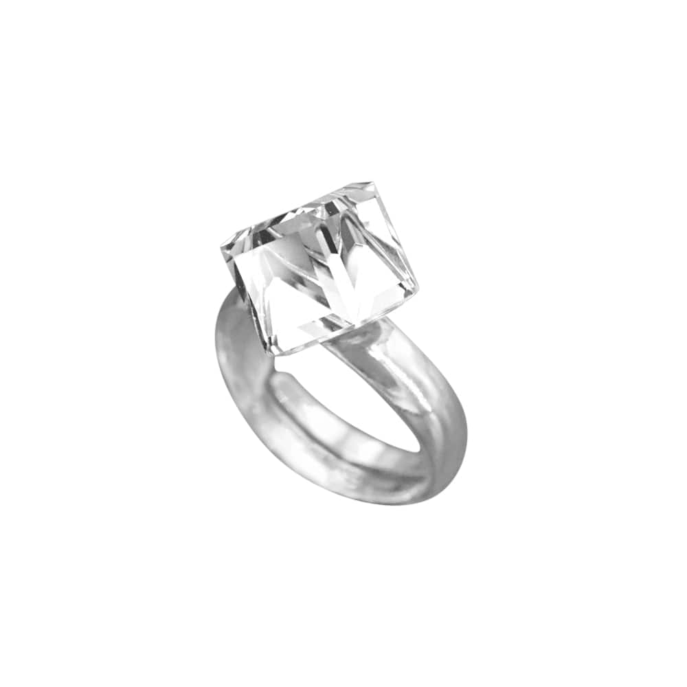 Sterling Silver adjustable ring featuring a clear cube crystal with a polished silver band