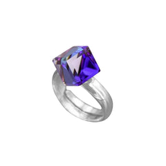 Sterling Silver adjustable ring featuring a Heliotrope cube crystal in purple and blue tones